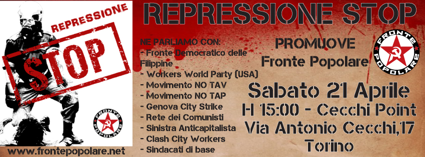 Torino, 21 aprile: iniziativa di Fronte Popolare contro la repressione con compagni da Italia, USA e&nbsp;Filippine