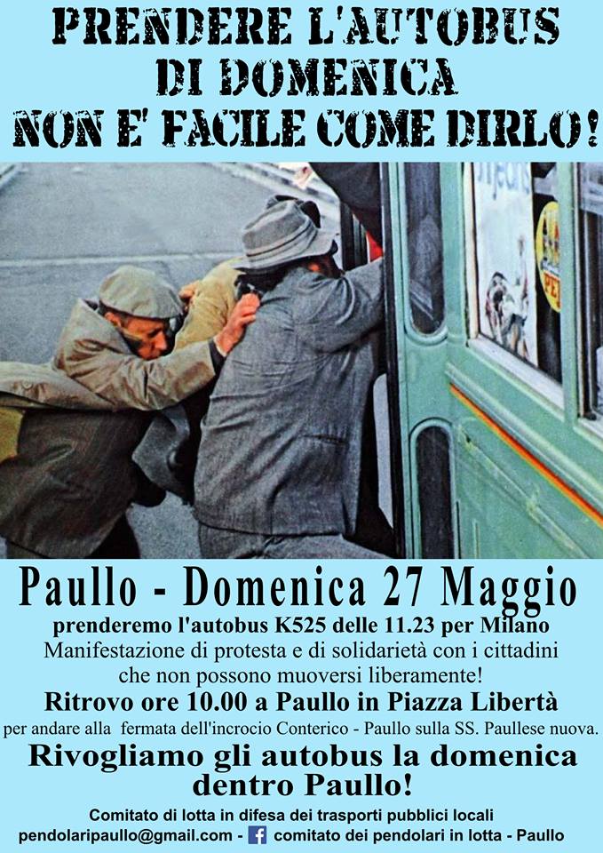 Paullo (Milano): il 27 maggio pendolari di nuovo in piazza per diritto alla mobilità e trasporto pubblico